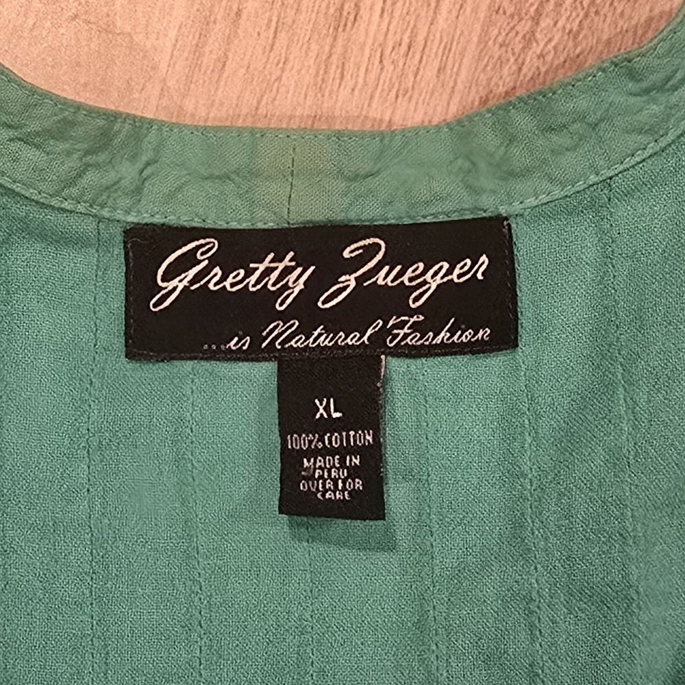GRETTY ZUEGER Tunic Top Boho Embroidered Peasant Crochet Lace Vneck Turquoise XL - Picture 6 of 9